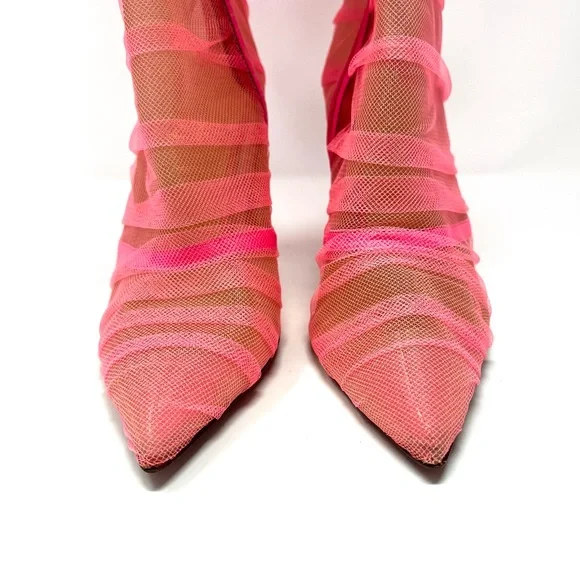 RARE Christian Louboutin SS22 Libellibotta Pink Tulle Knee High Boots Heels 40 - Picture 7 of 15
